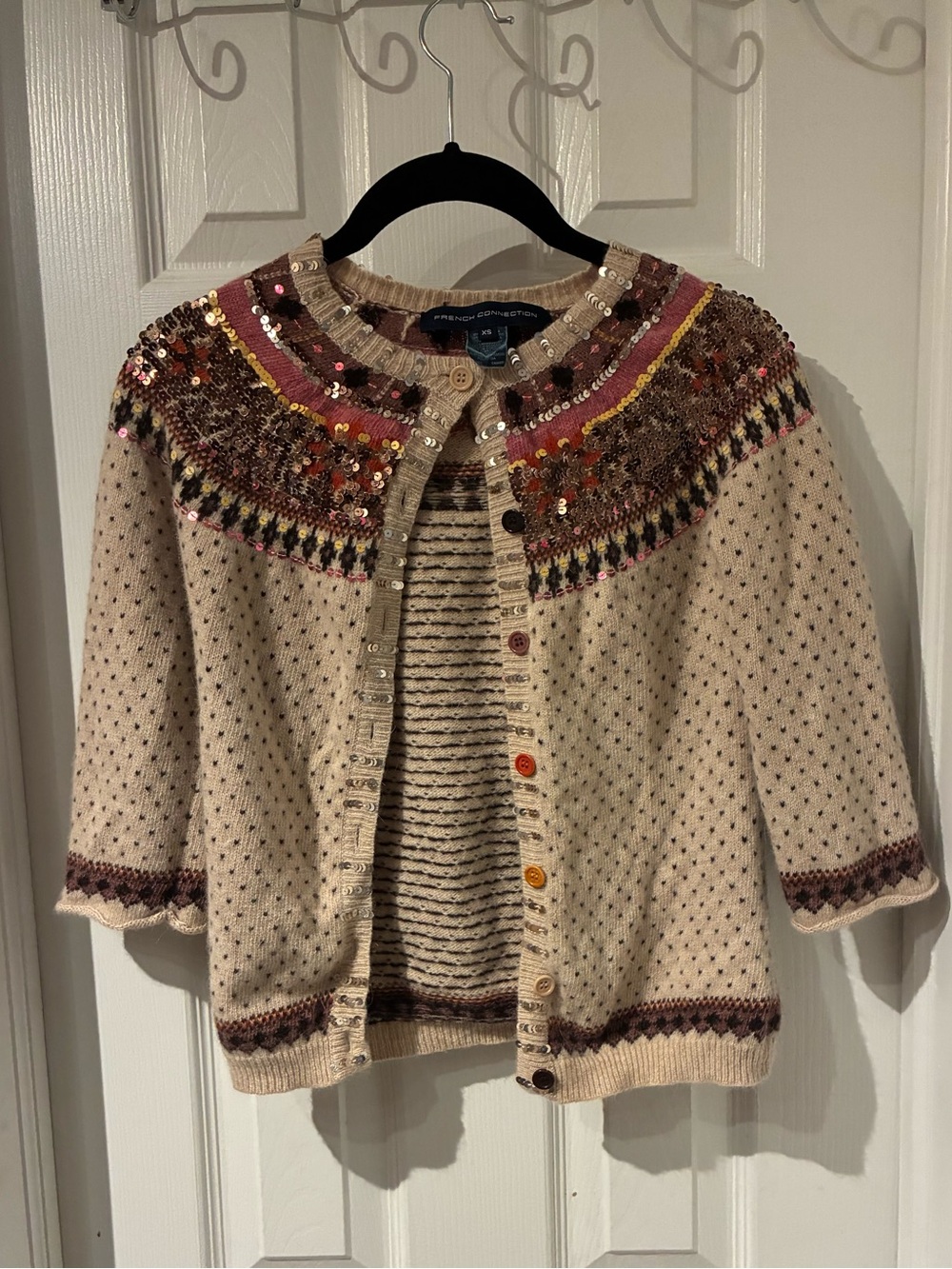French Connection Cream Cardigan with Pink, Brown & Gold Embellished Yoke